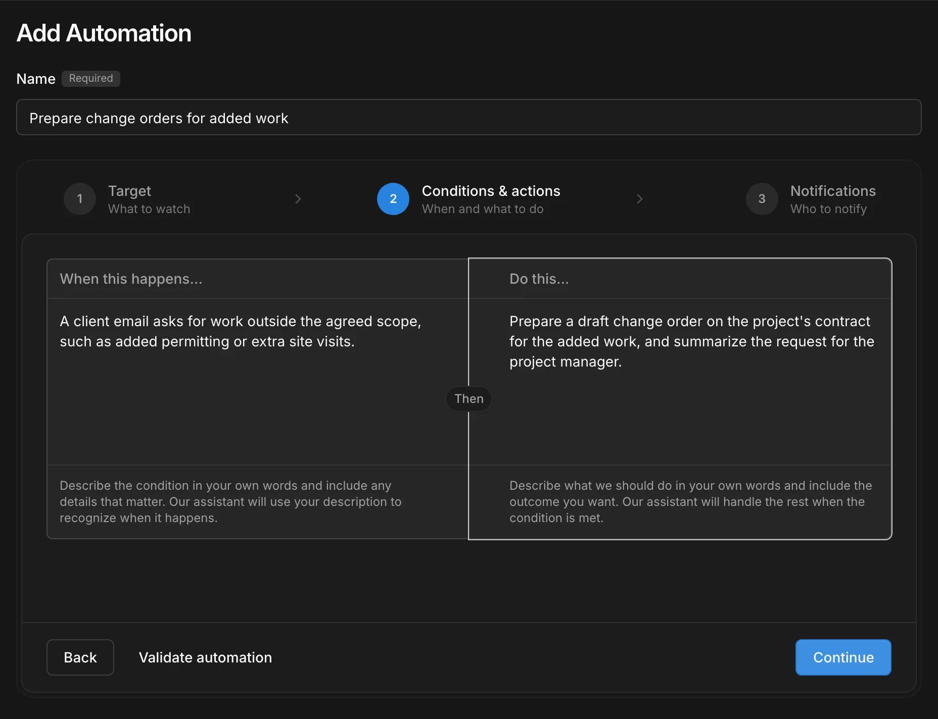 Setting up an automation in Kineo: when a client email asks for work outside the agreed scope, prepare a draft change order