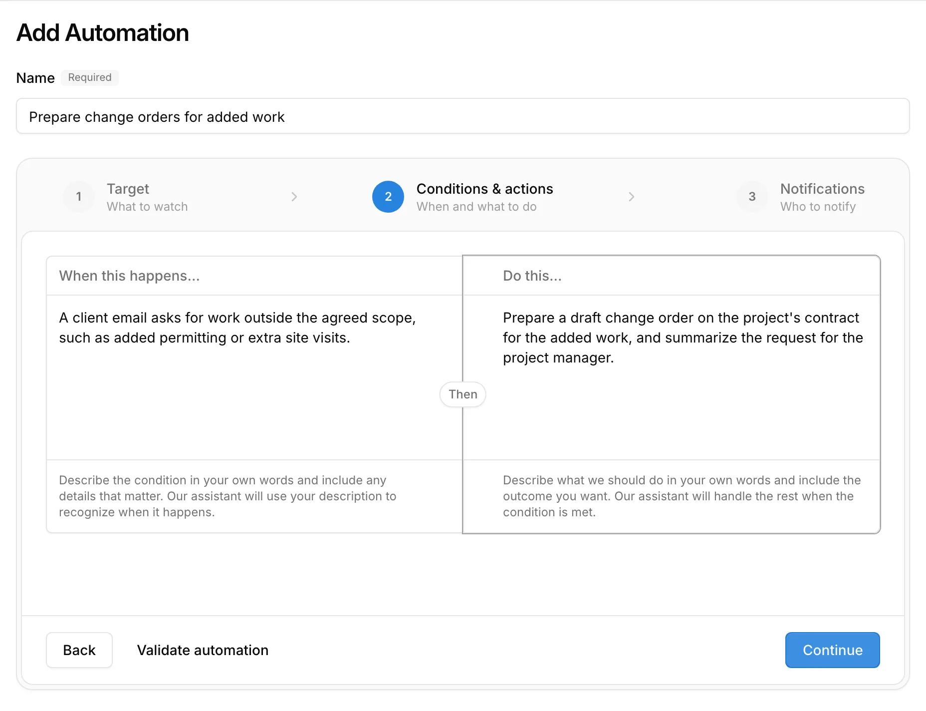 An automation in Kineo written in plain language: when a client email asks for work outside the scope, prepare a draft change order