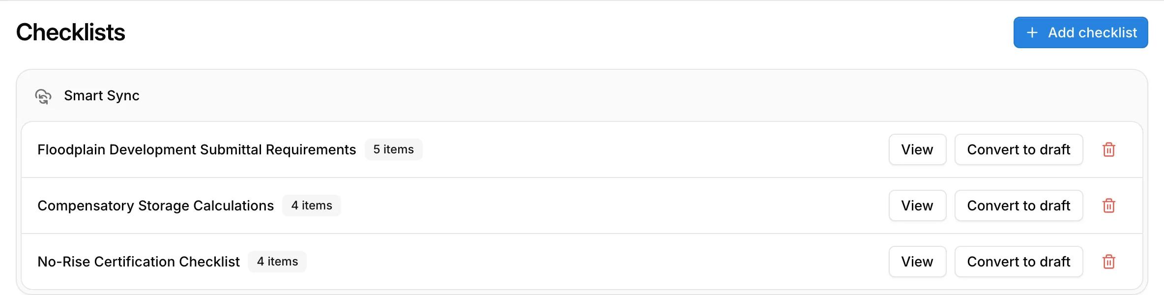 Checklists found by Smart Sync, ready to view or convert to drafts