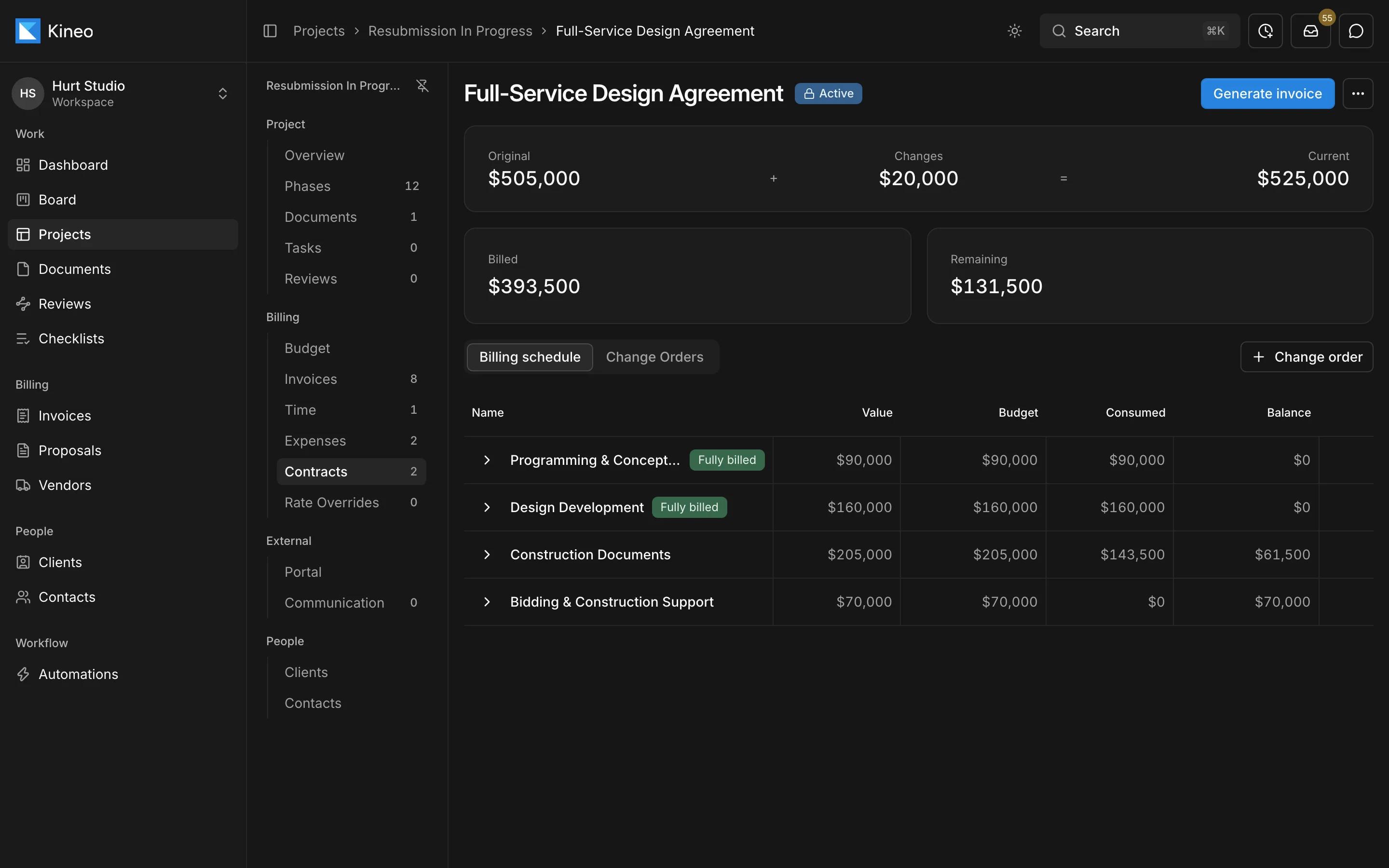 A billing contract in Kineo with its original value, approved changes, and billing schedule by phase