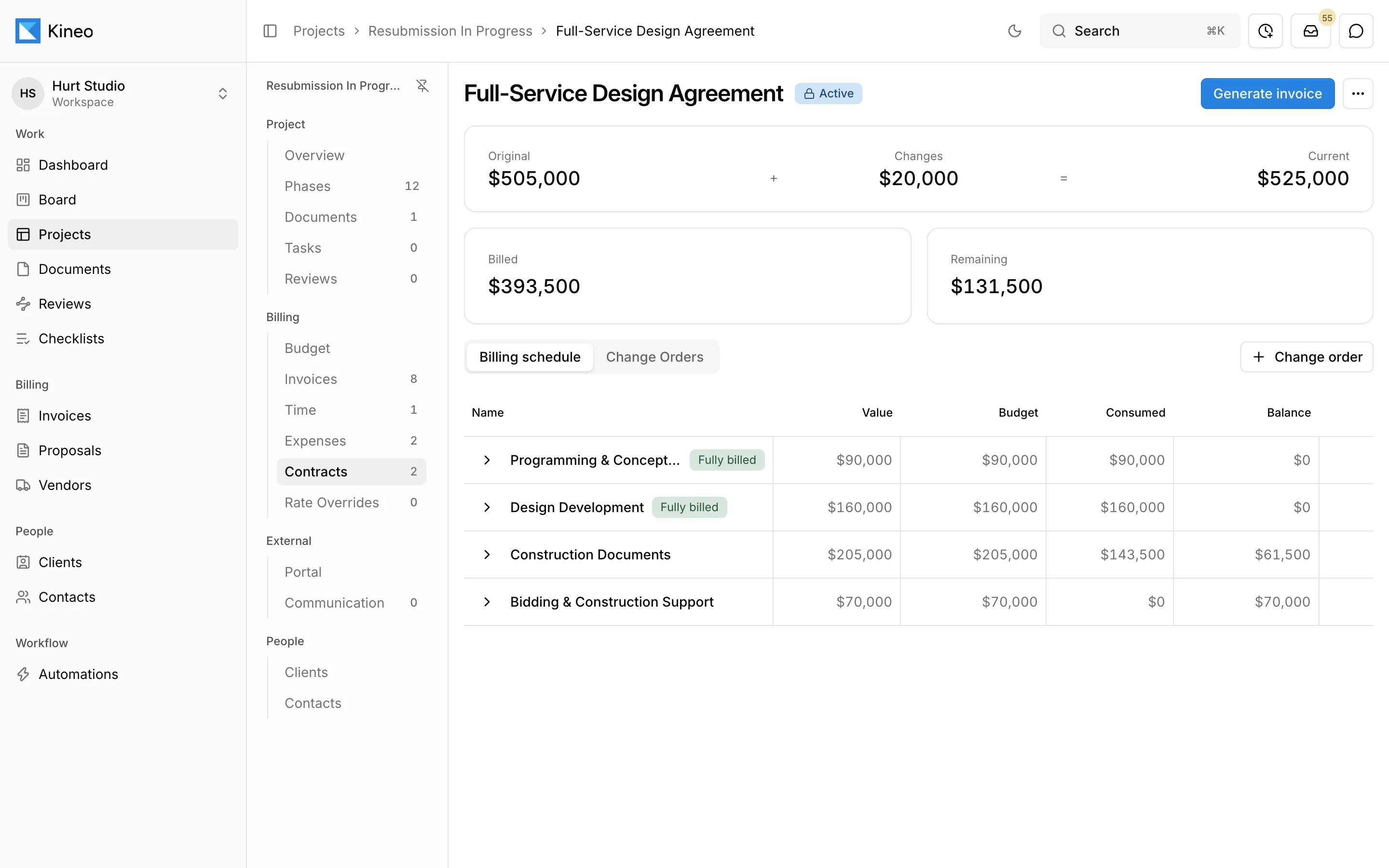 A billing contract in Kineo with its original value, approved changes, and billing schedule by phase