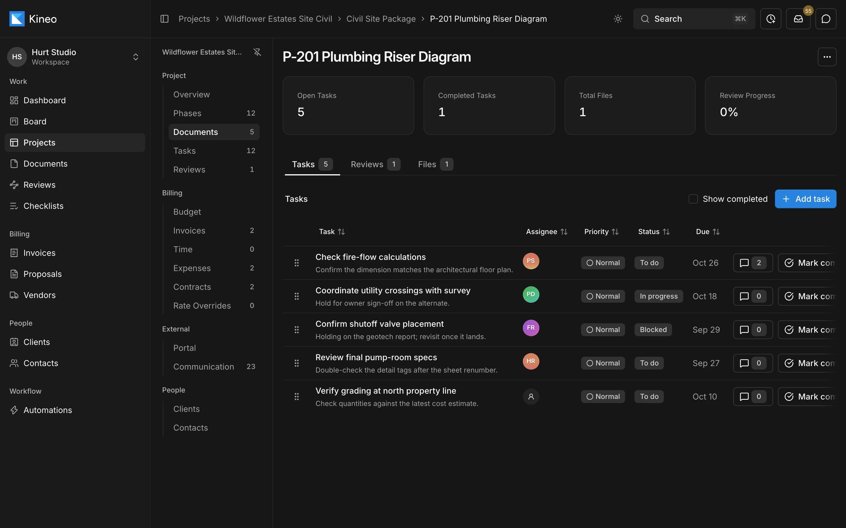 A plumbing riser diagram's page in Kineo with its open tasks, assignees, priorities, and due dates