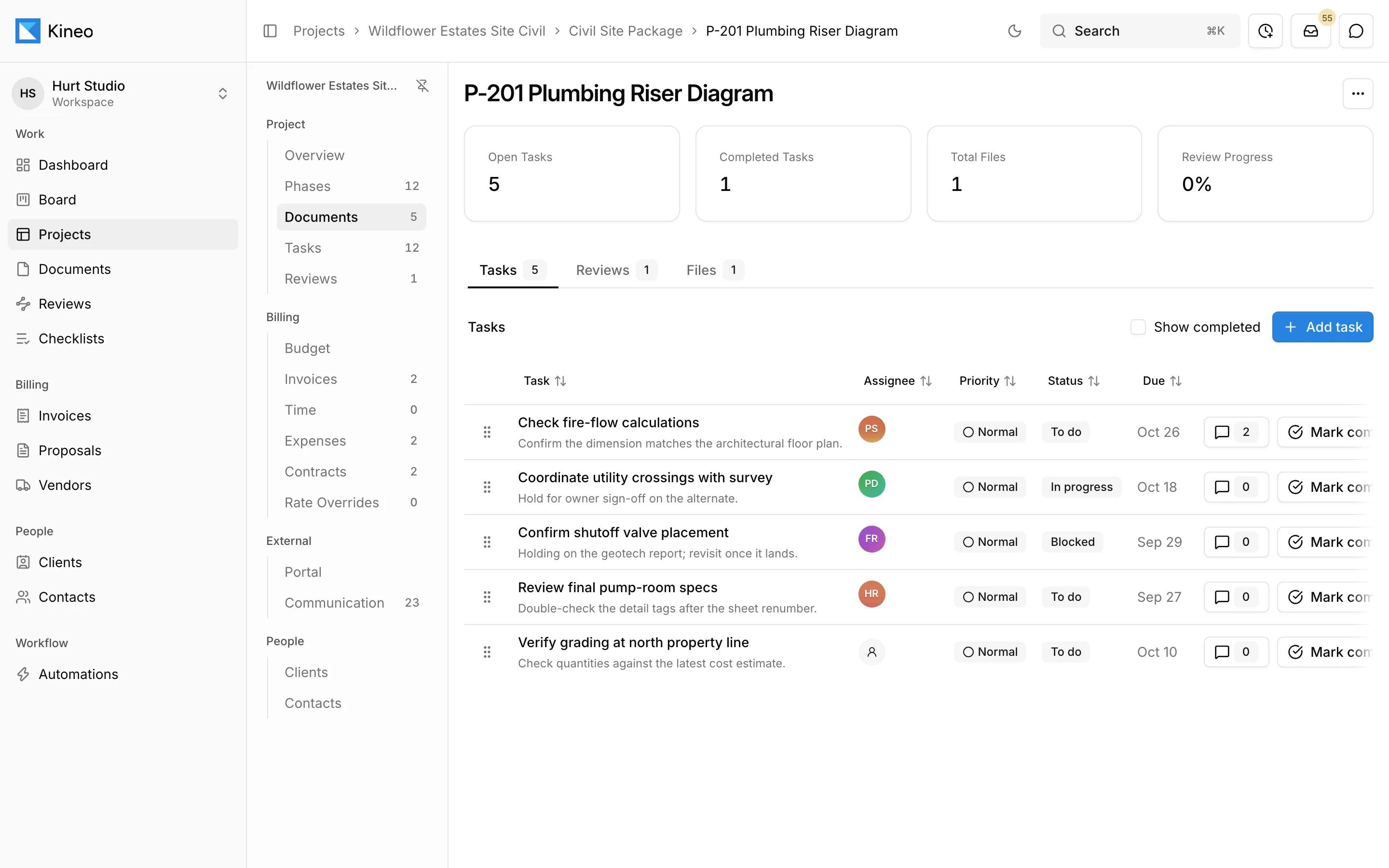 A plumbing riser diagram's page in Kineo with its open tasks, assignees, priorities, and due dates