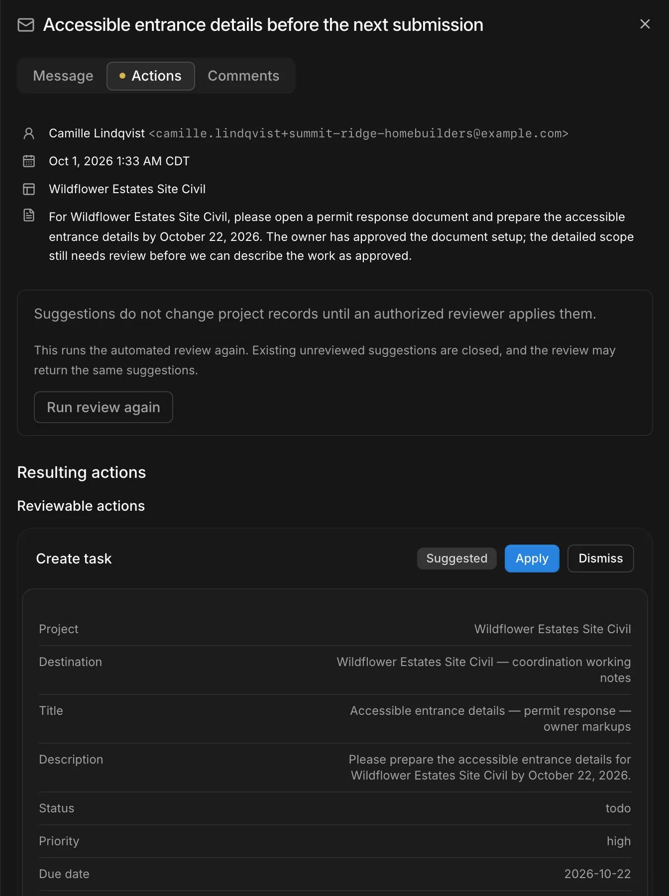 A client email in Kineo with the assistant's suggested task: title, description, priority, and due date, with Apply and Dismiss buttons