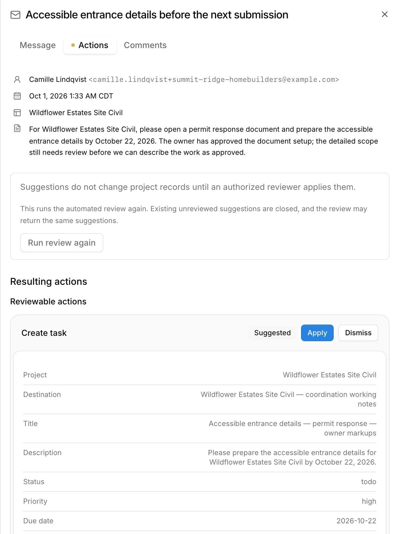 A client email in Kineo with the assistant's suggested task: title, description, priority, and due date, with Apply and Dismiss buttons