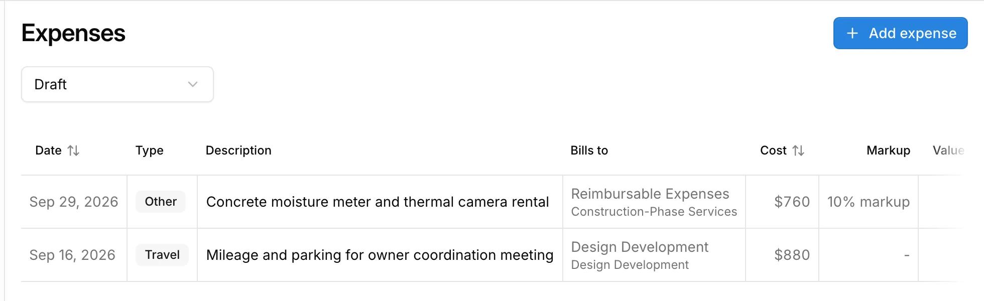 Draft project expenses in Kineo with their type, billing line, cost, and markup