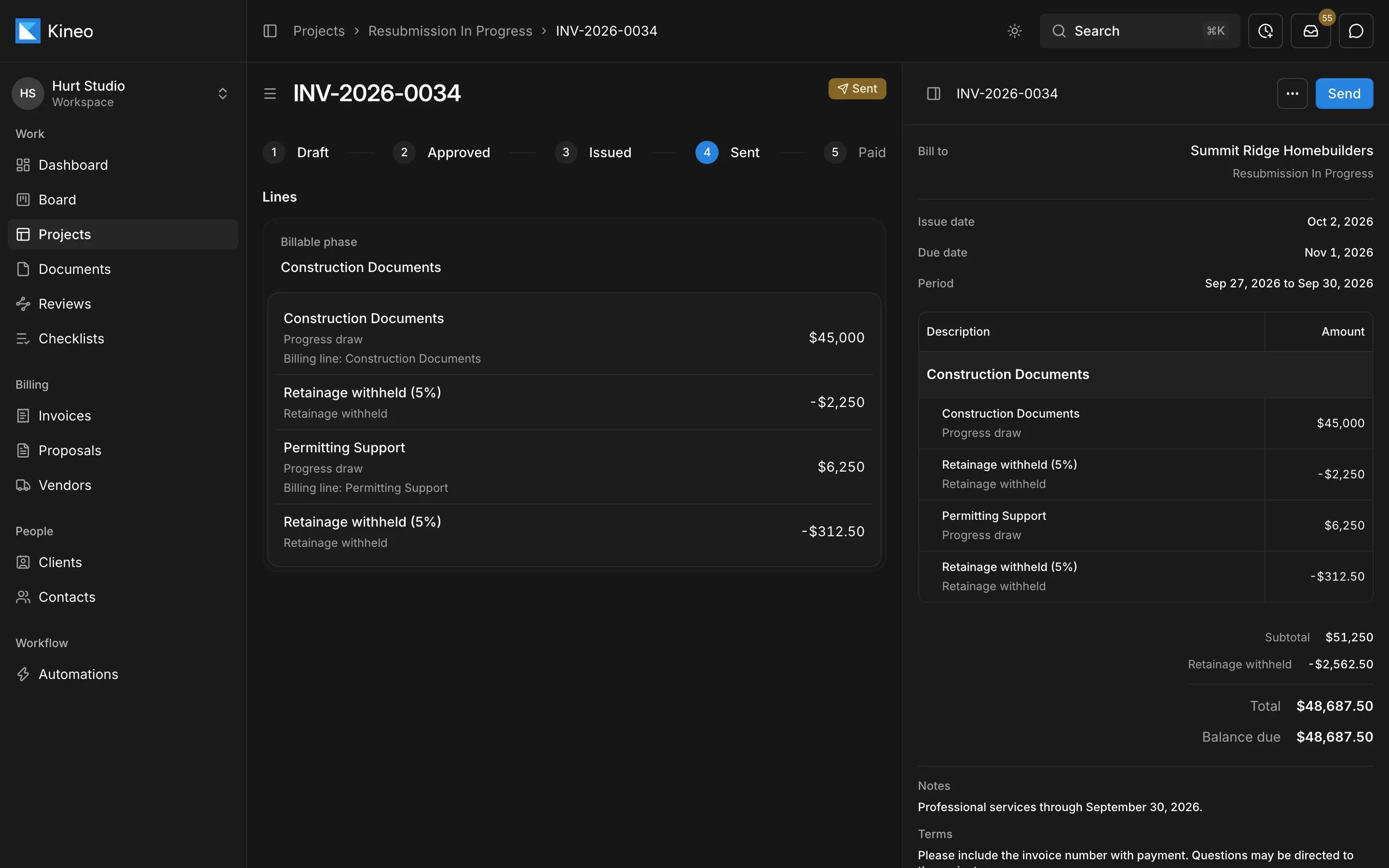 An invoice in Kineo with progress draws by billing line, retainage withheld, and its approval steps