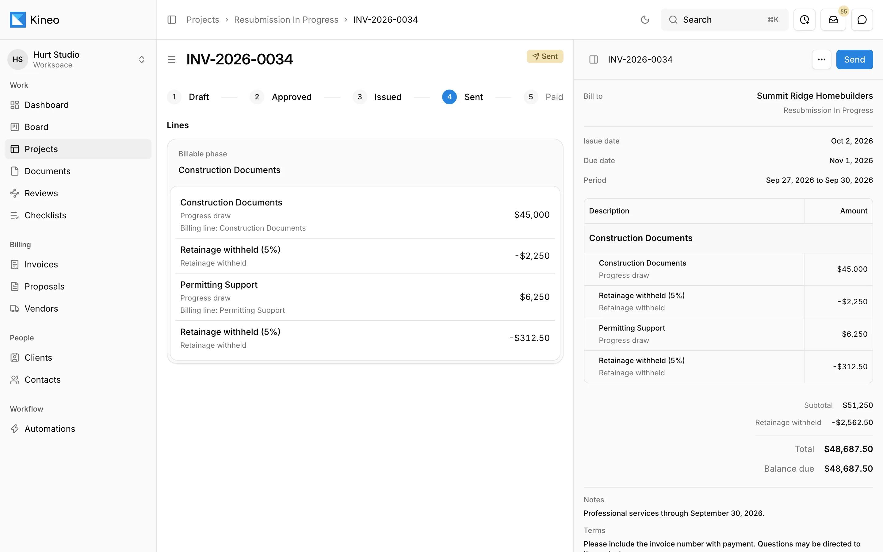 An invoice in Kineo with progress draws by billing line, retainage withheld, and its approval steps