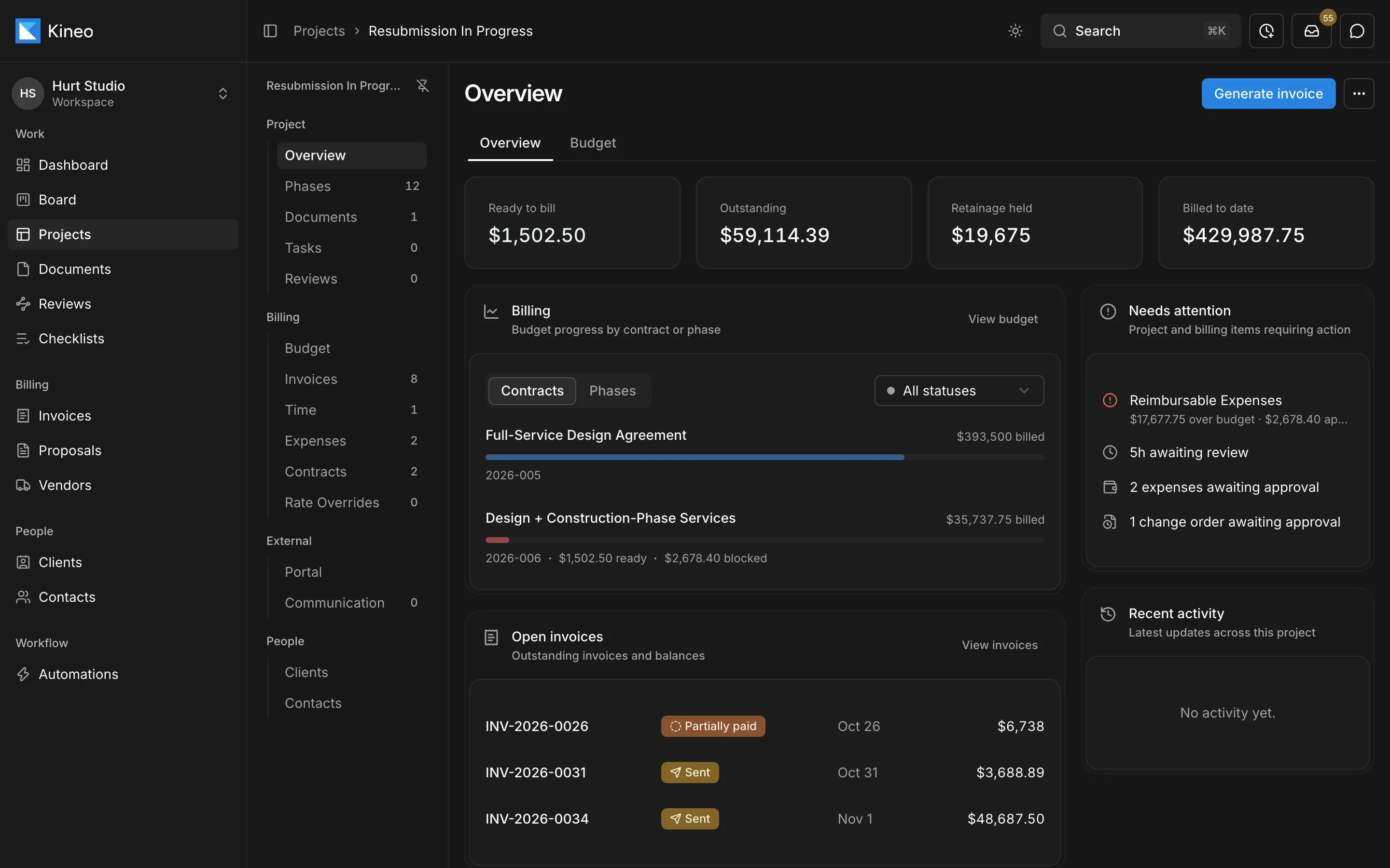 A project overview in Kineo showing billing progress by contract, open invoices, and items that need attention