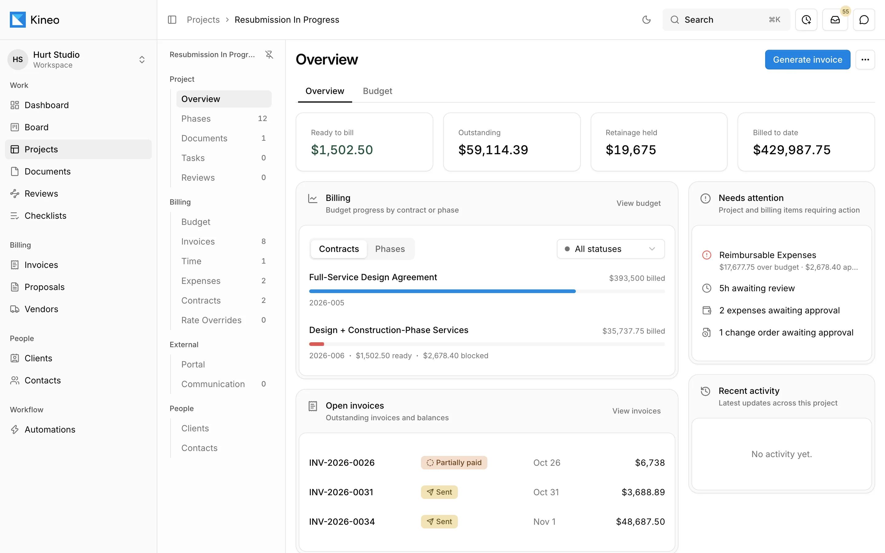 A project overview in Kineo showing billing progress by contract, open invoices, and items that need attention