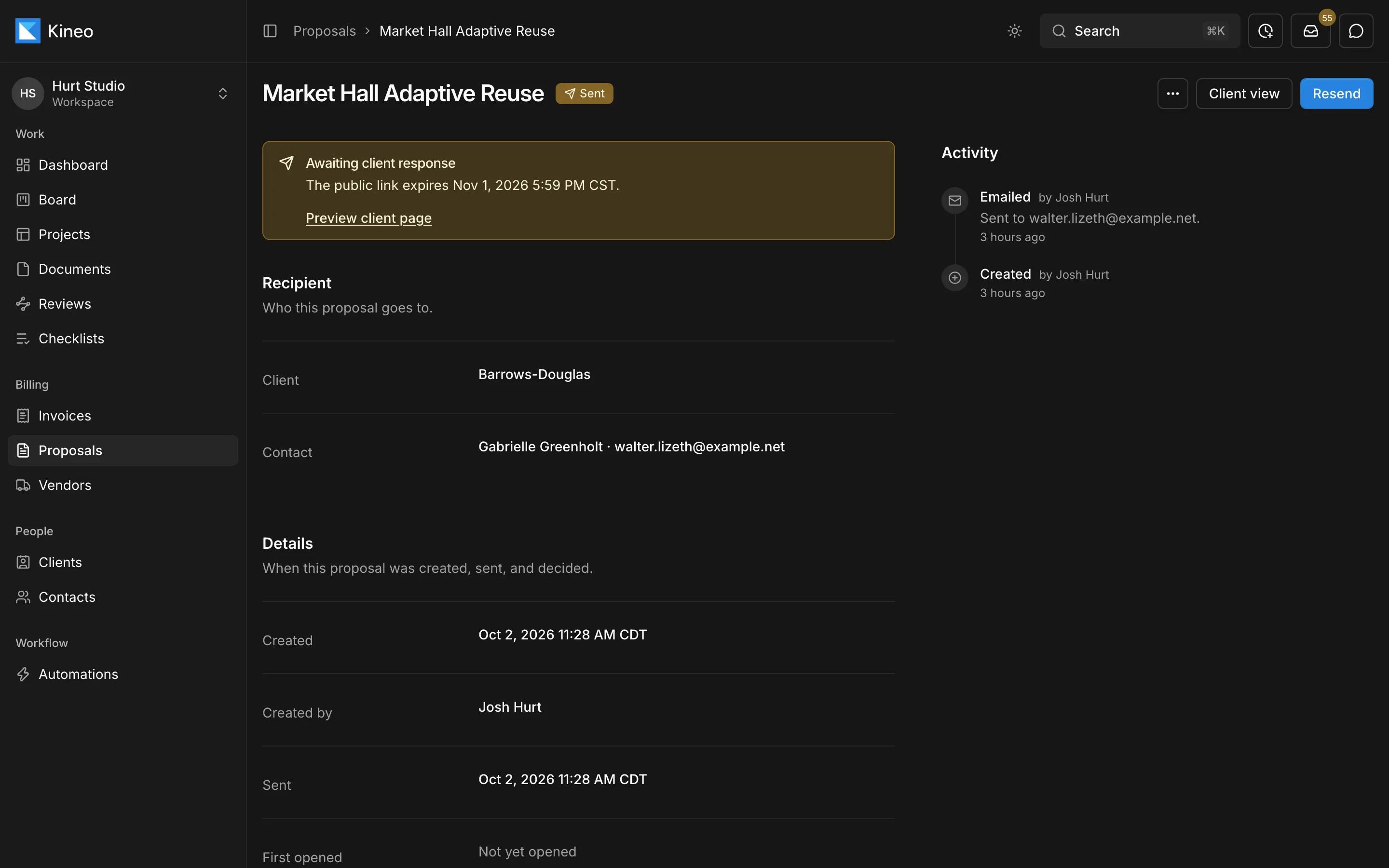 A sent proposal in Kineo awaiting the client's response, with its recipient and activity log