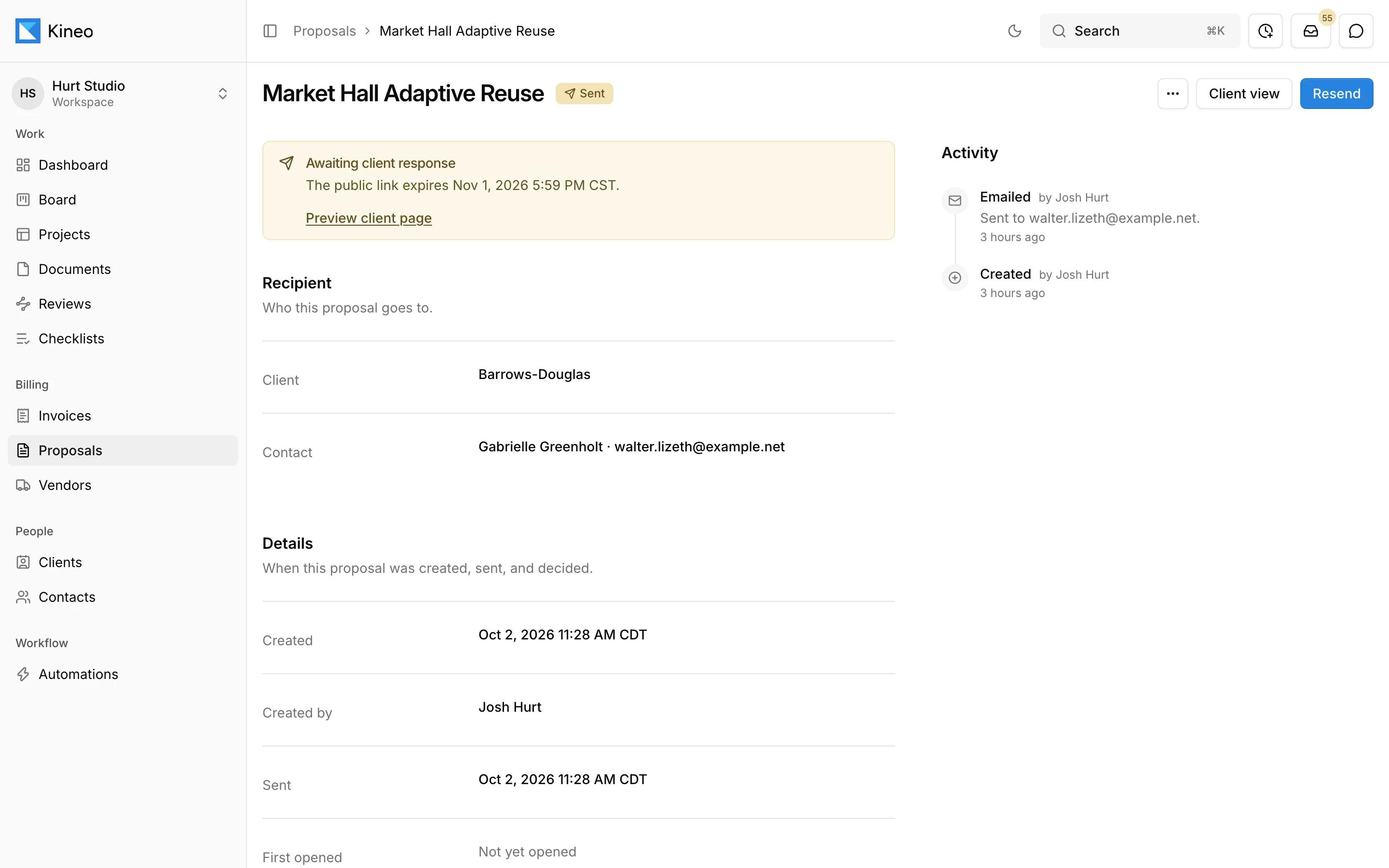 A sent proposal in Kineo awaiting the client's response, with its recipient and activity log