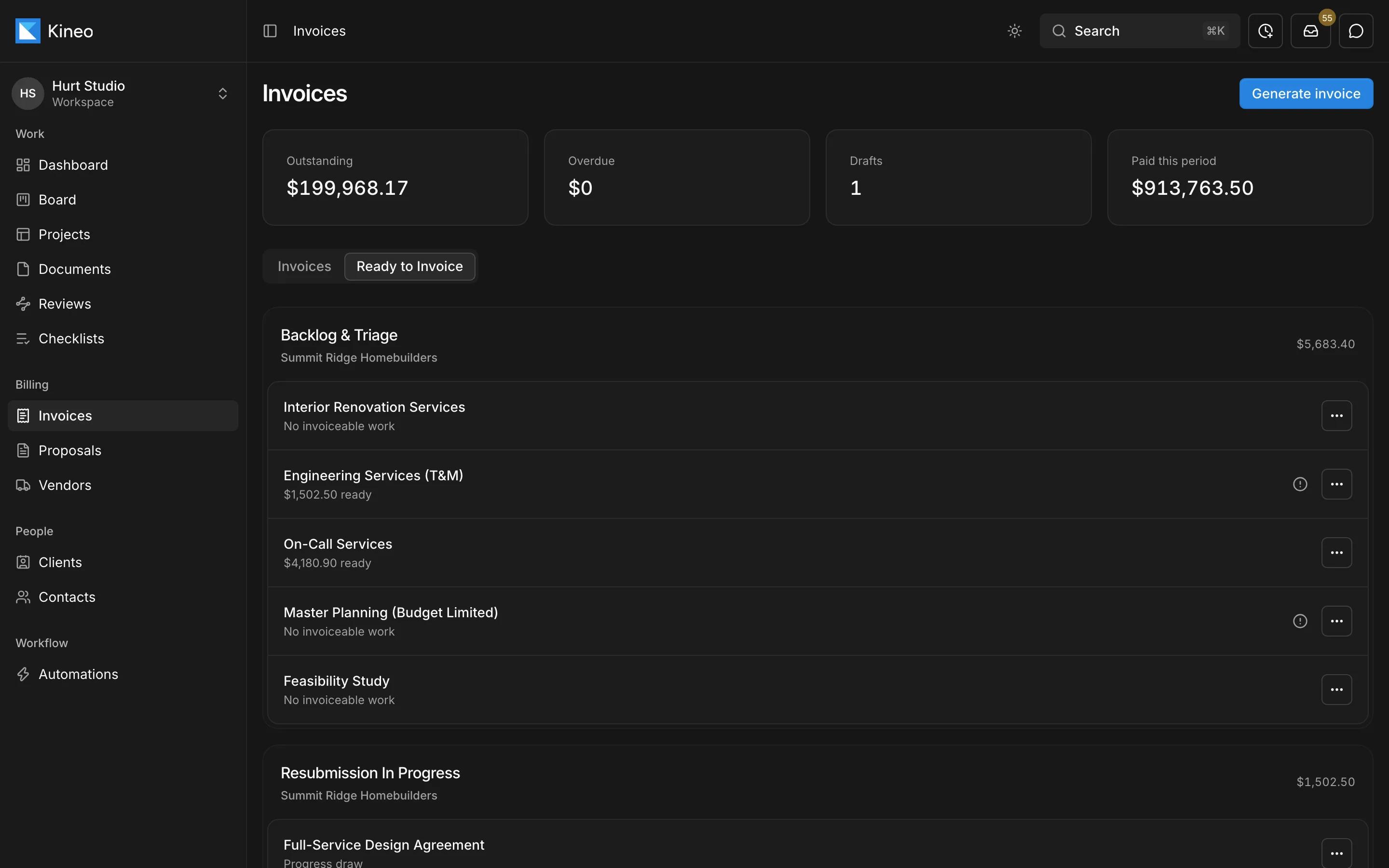 Kineo's Ready to Invoice view listing each contract and the amount it can bill now