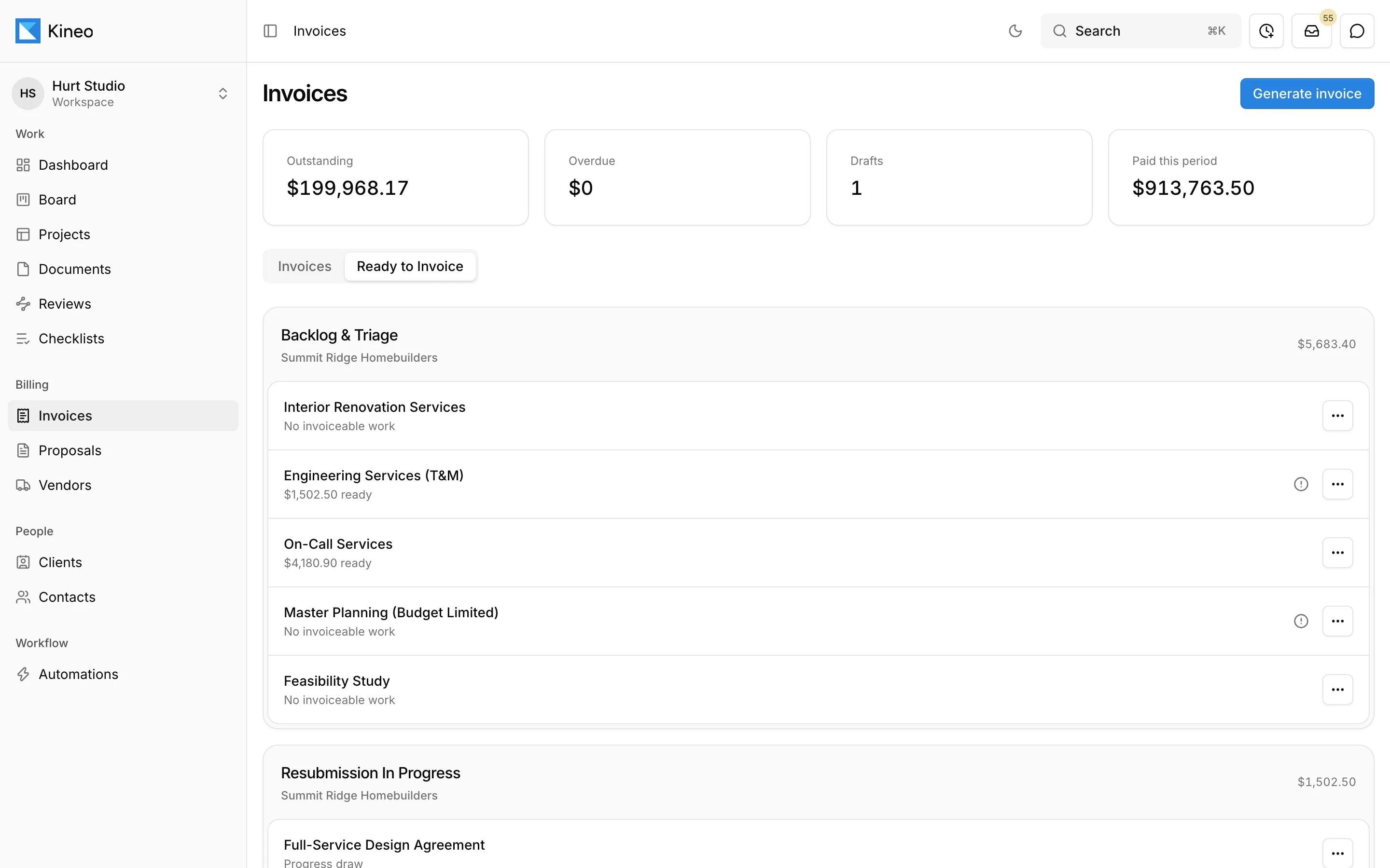 Kineo's Ready to Invoice view listing each contract and the amount it can bill now