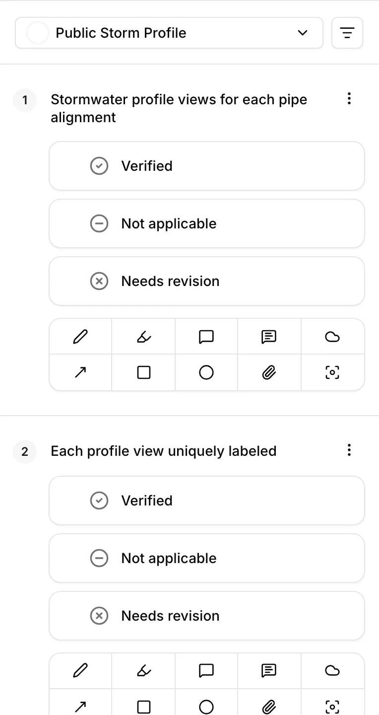 A checklist item with verified, not applicable, and needs revision options above its nine markup tools
