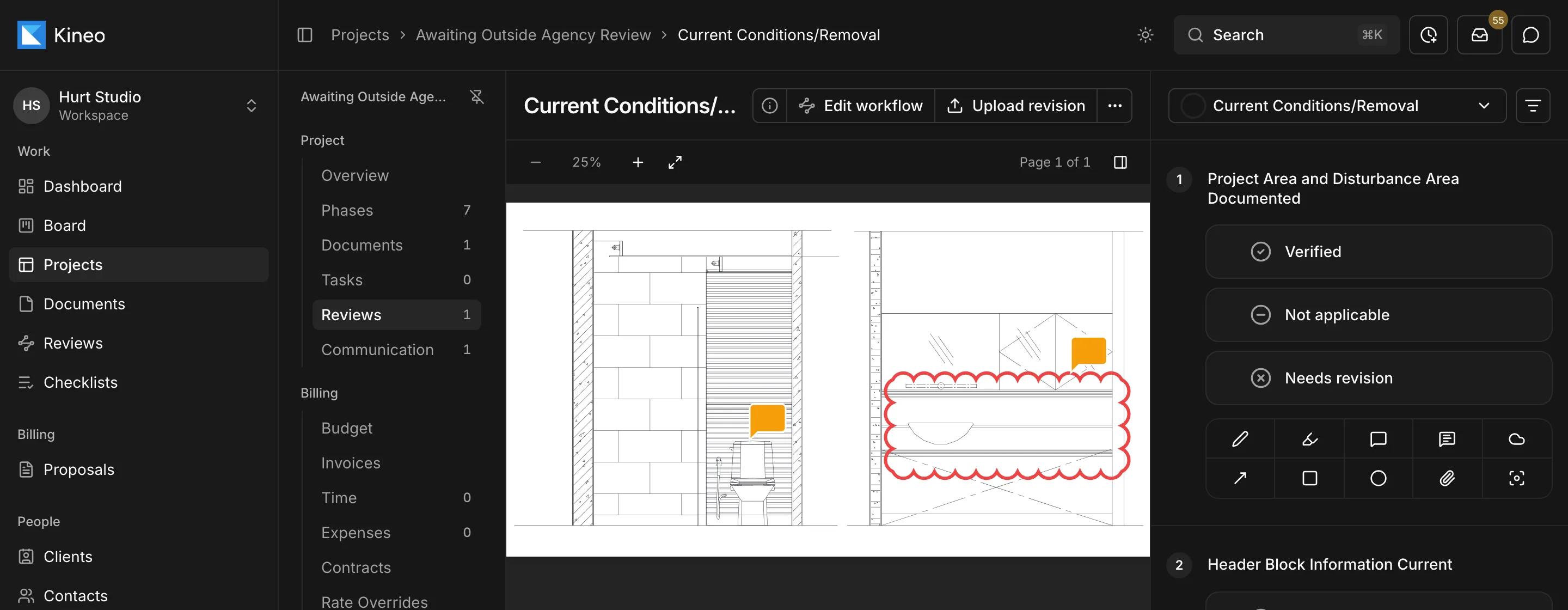 A drawing under review in Kineo, with markups on the sheet and the checklist beside it