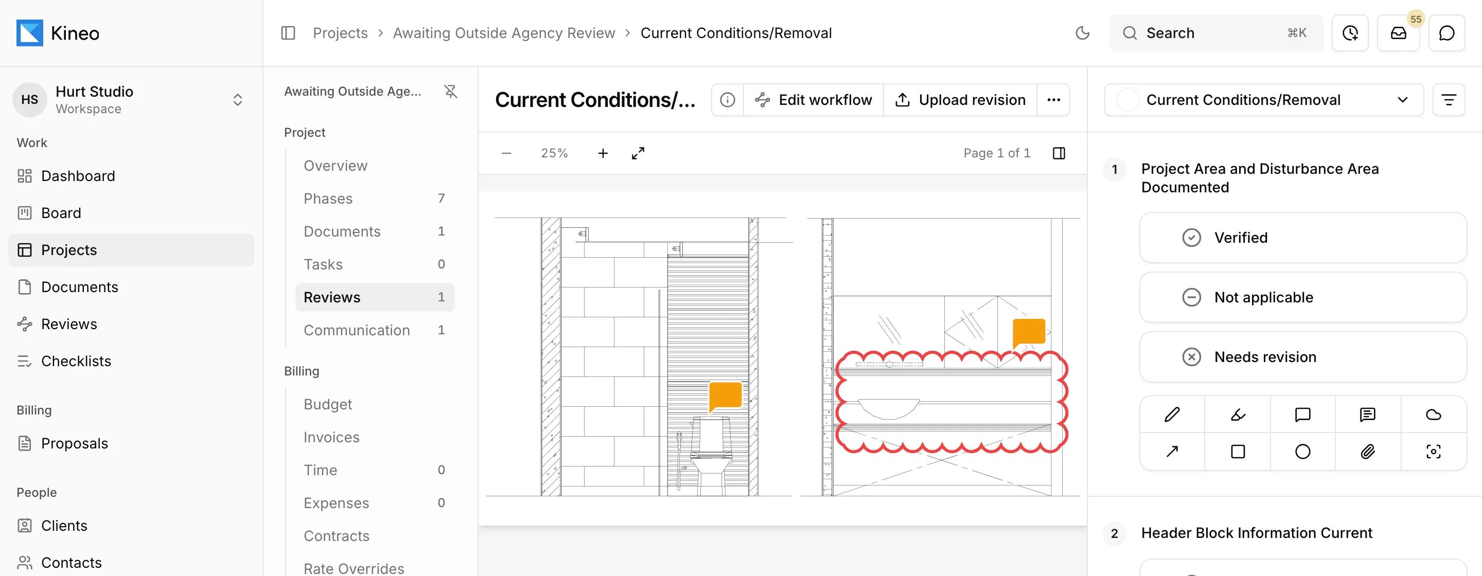 A drawing under review in Kineo, with markups on the sheet and the checklist beside it