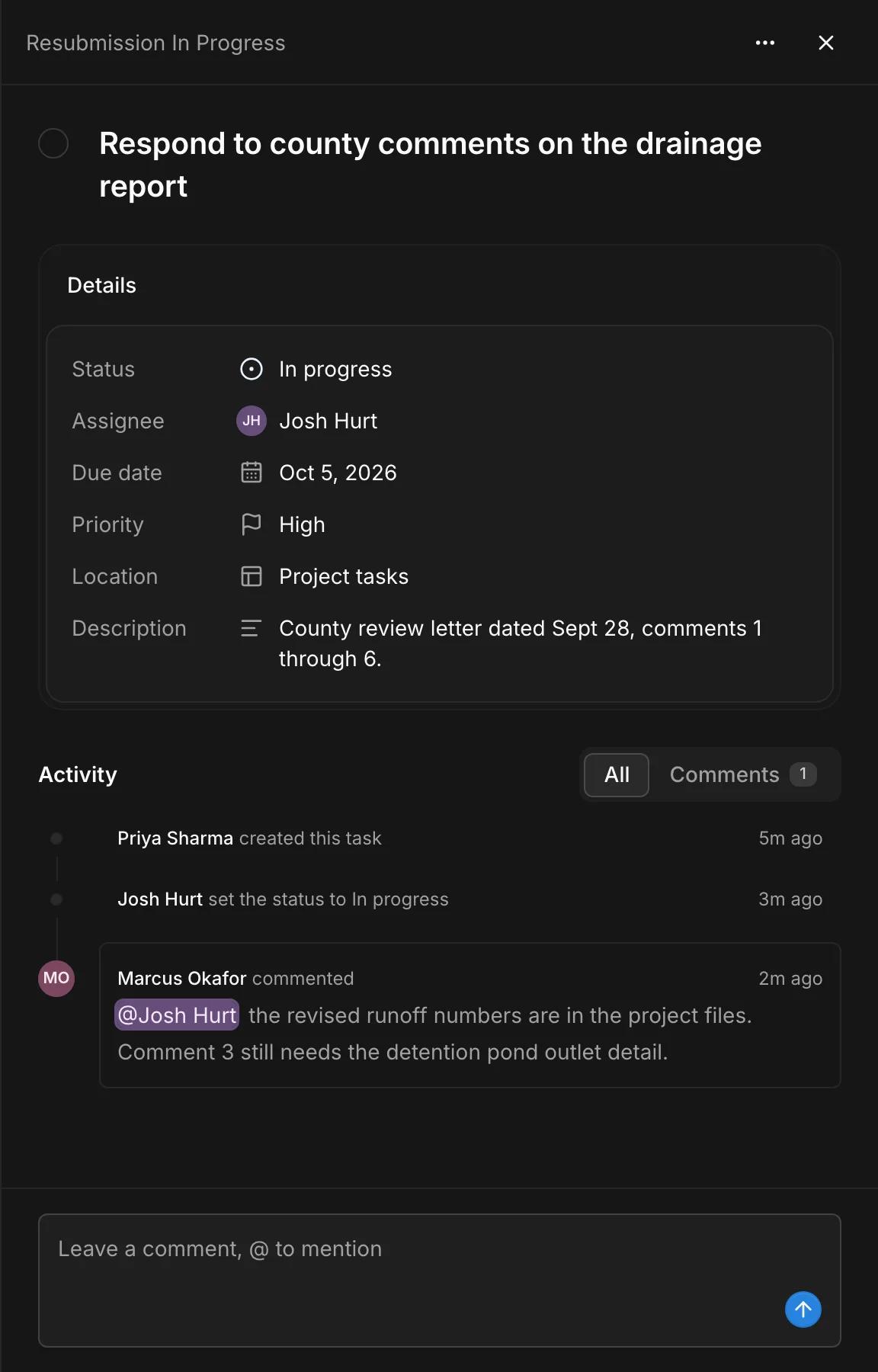 A task in Kineo with its status, assignee, due date, priority, location, and description, and a comment that mentions a teammate