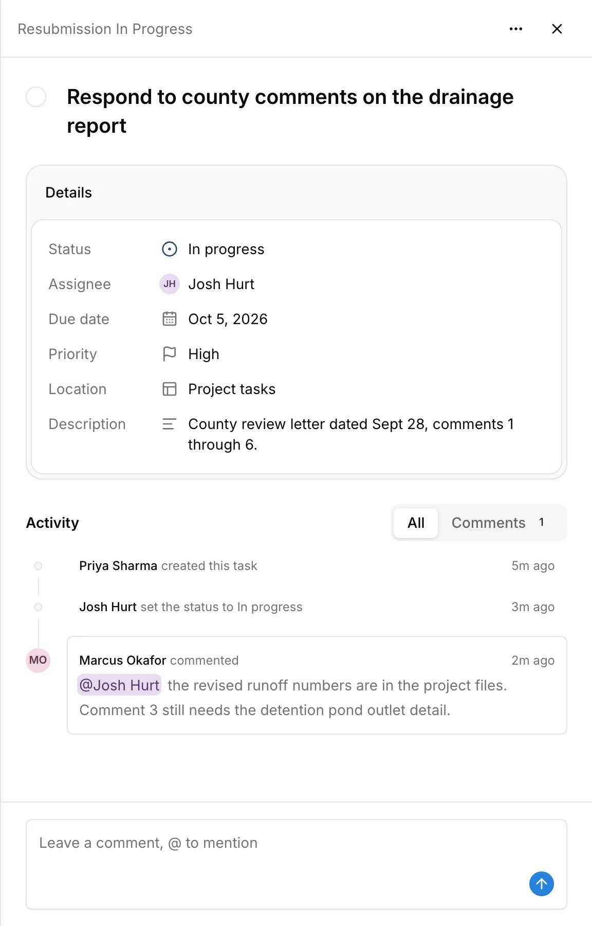 A task in Kineo with its status, assignee, due date, priority, location, and description, and a comment that mentions a teammate