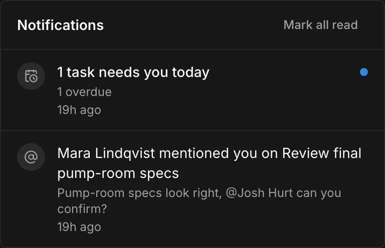 Kineo's notifications: a summary of tasks due today and a teammate's mention in a task comment