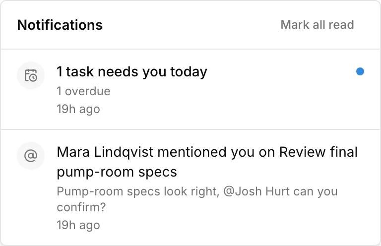 Kineo's notifications: a summary of tasks due today and a teammate's mention in a task comment