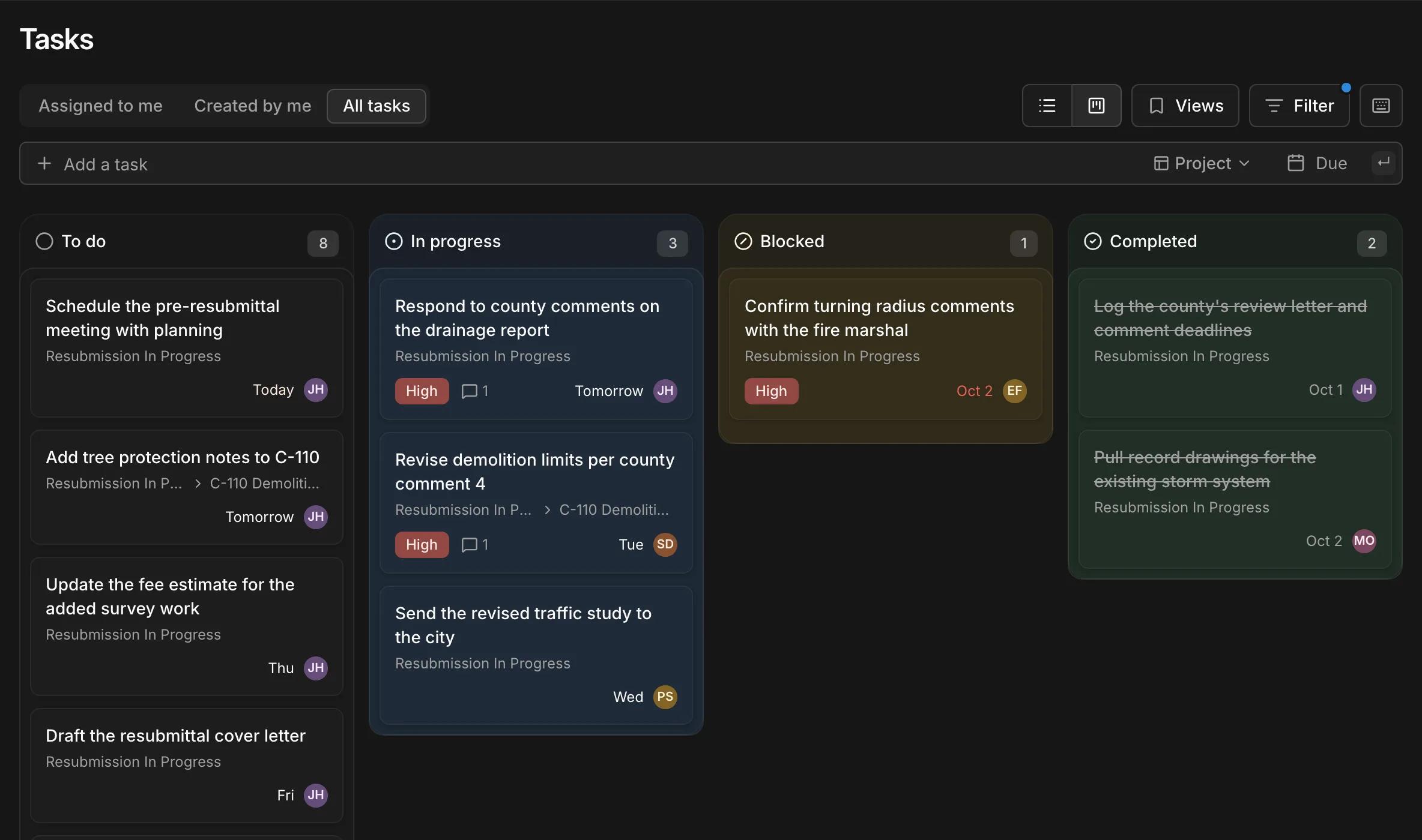 Kineo's task board with To do, In progress, Blocked, and Completed columns