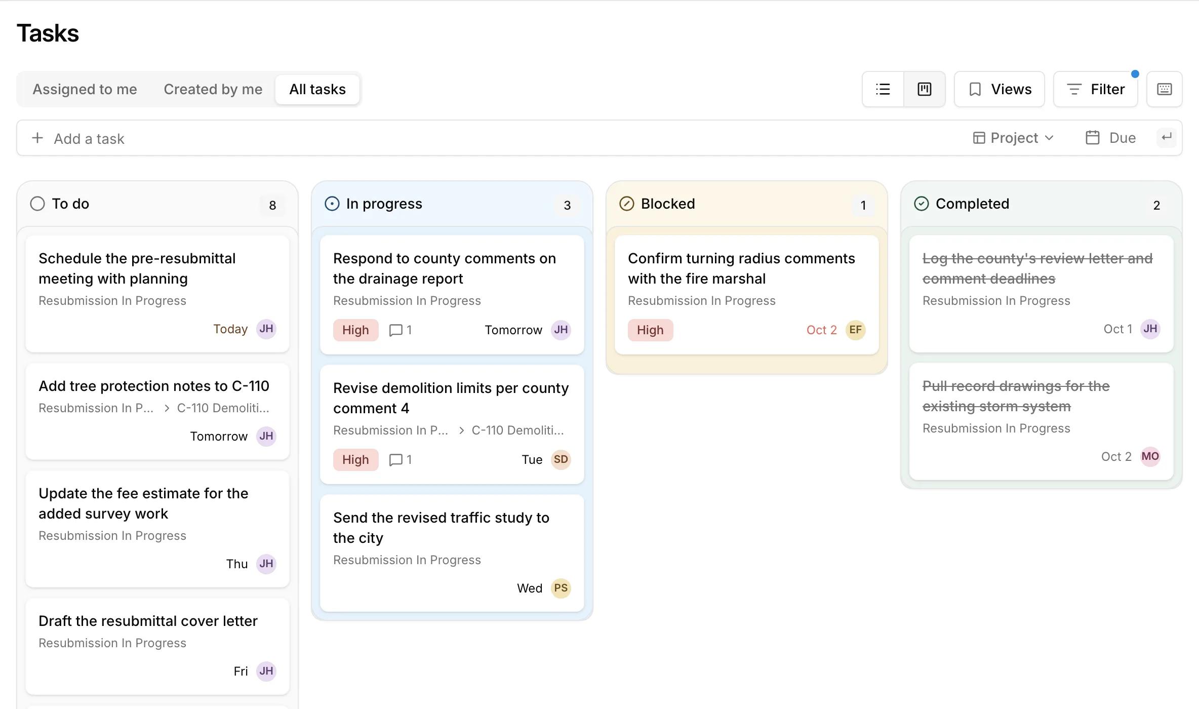 Kineo's task board with To do, In progress, Blocked, and Completed columns