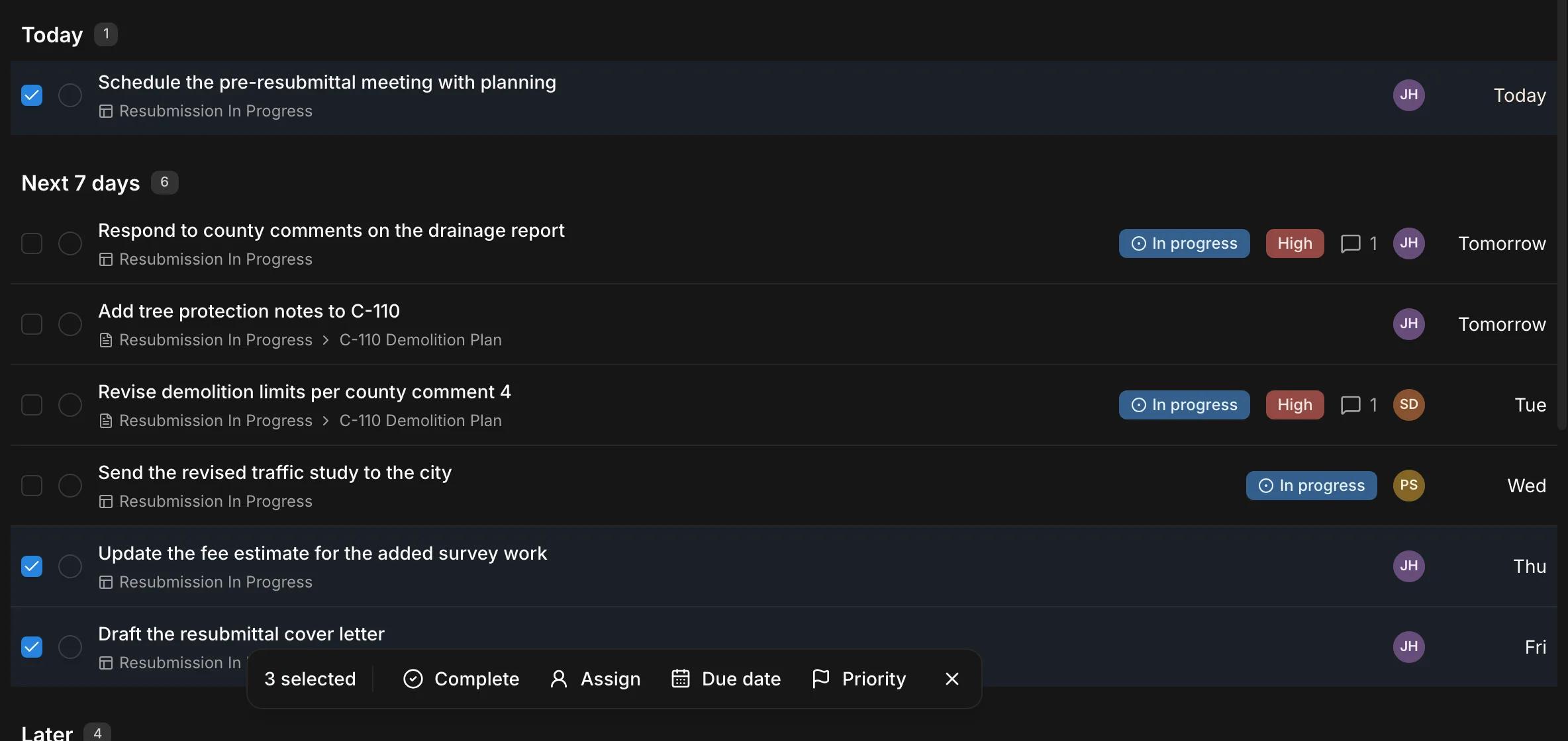 Three tasks selected in Kineo, with a bar to complete, assign, reschedule, or reprioritize them together
