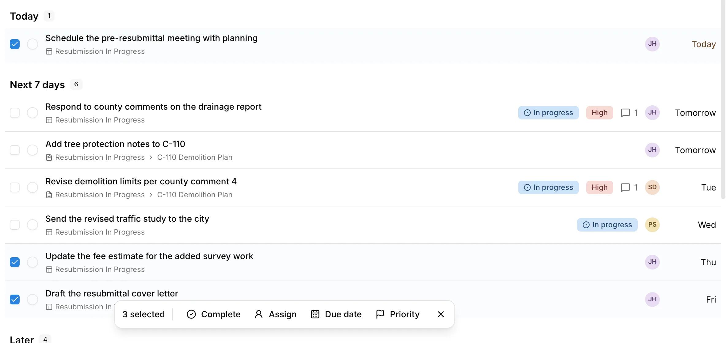 Three tasks selected in Kineo, with a bar to complete, assign, reschedule, or reprioritize them together