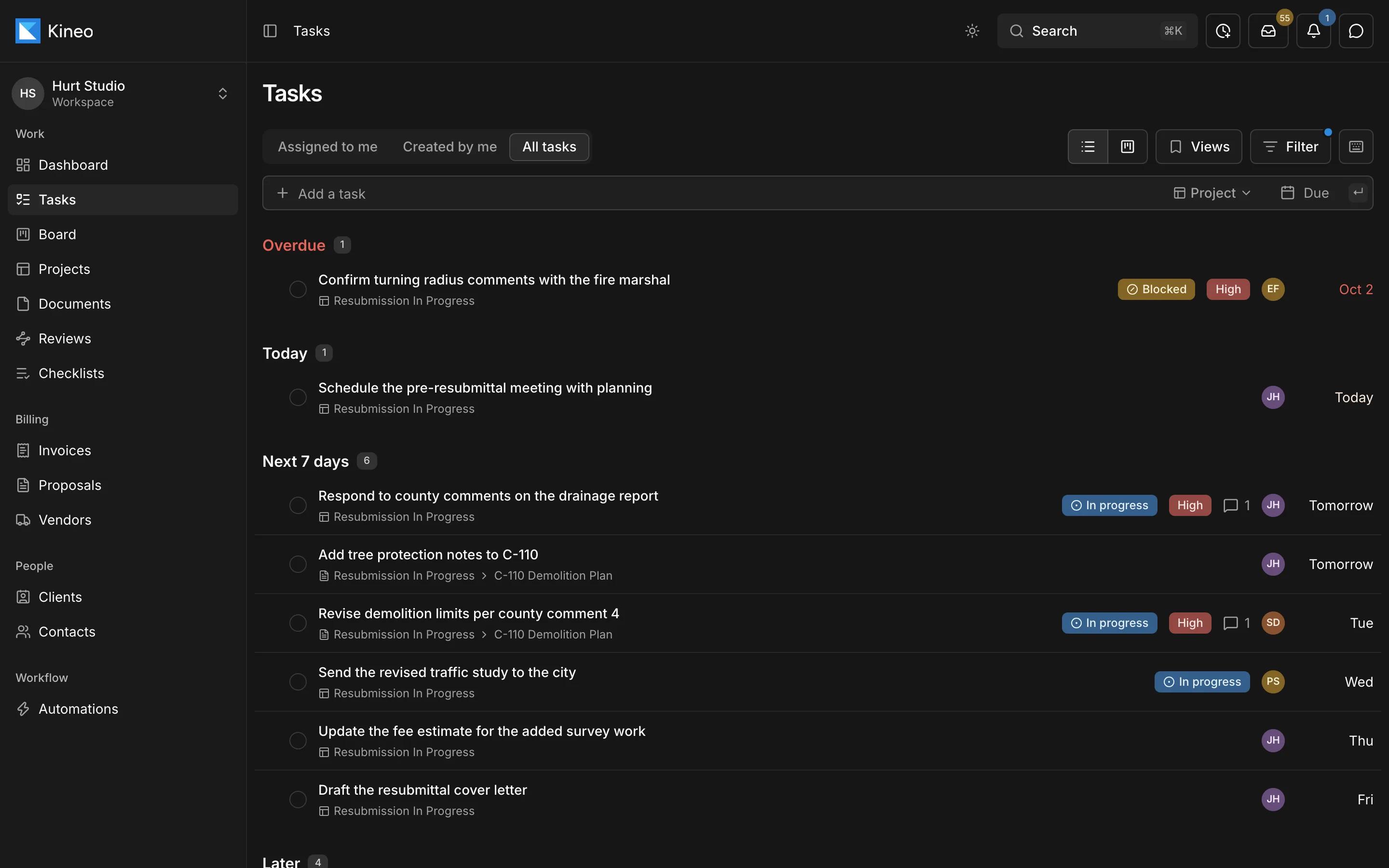Kineo's Tasks page listing a project's tasks grouped into overdue, today, and the next seven days, with status, priority, assignee, and due date on each