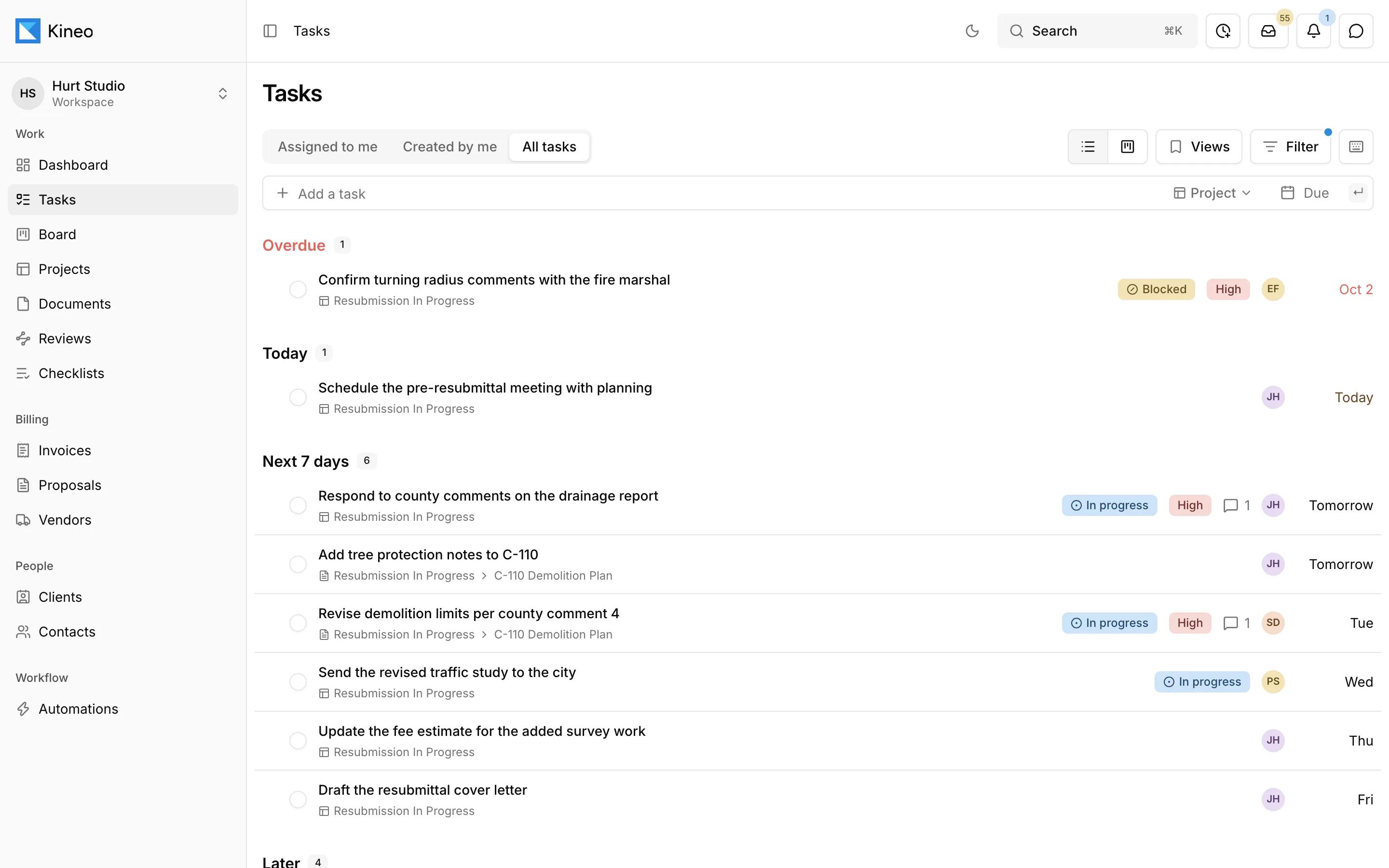 Kineo's Tasks page listing a project's tasks grouped into overdue, today, and the next seven days, with status, priority, assignee, and due date on each