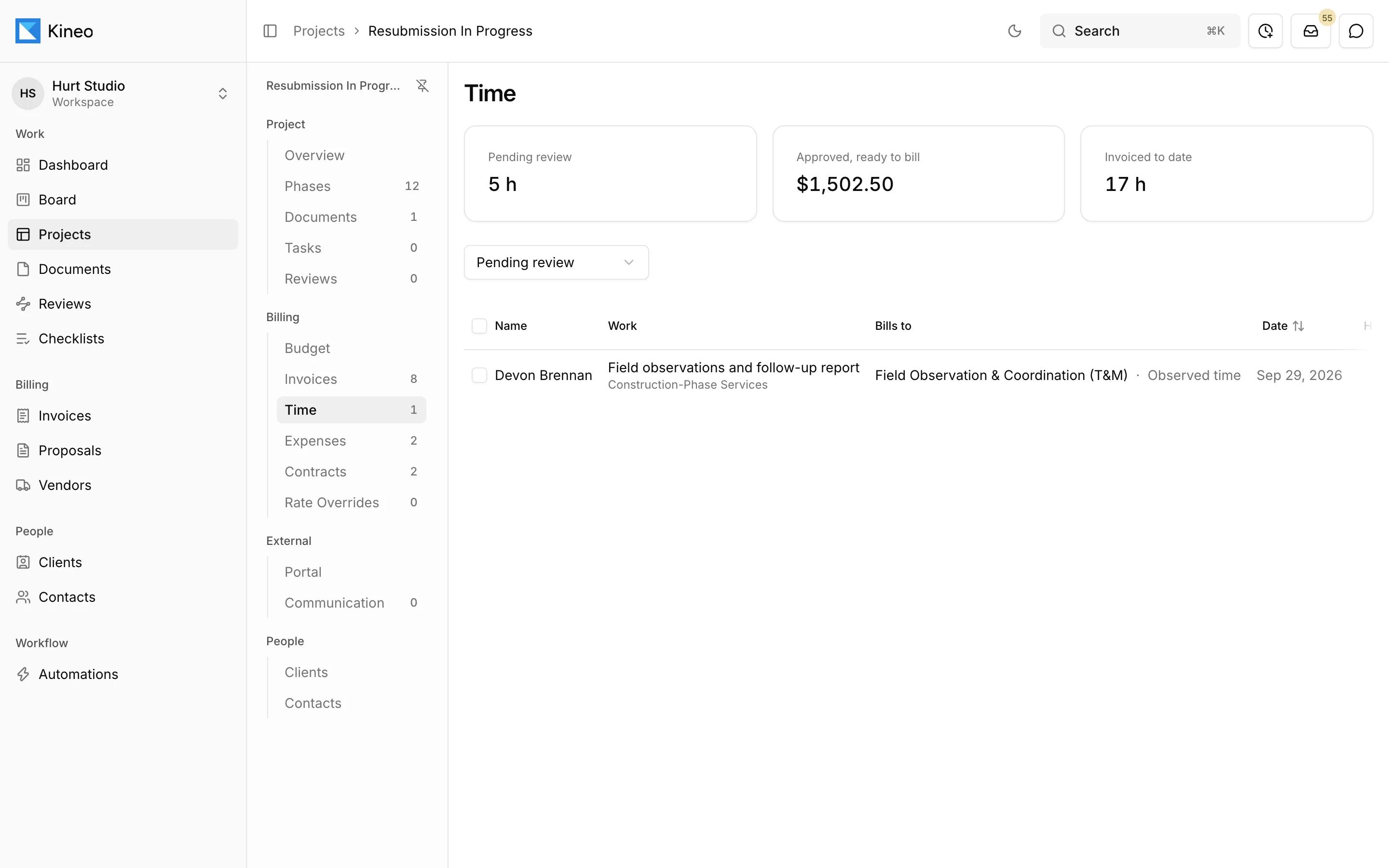 A project's time in Kineo with hours pending review and approved time ready to bill